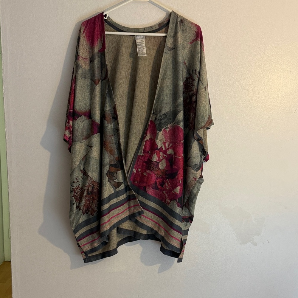 Chicos Floral Kimono Cardigan with Stripes for women size L/XL